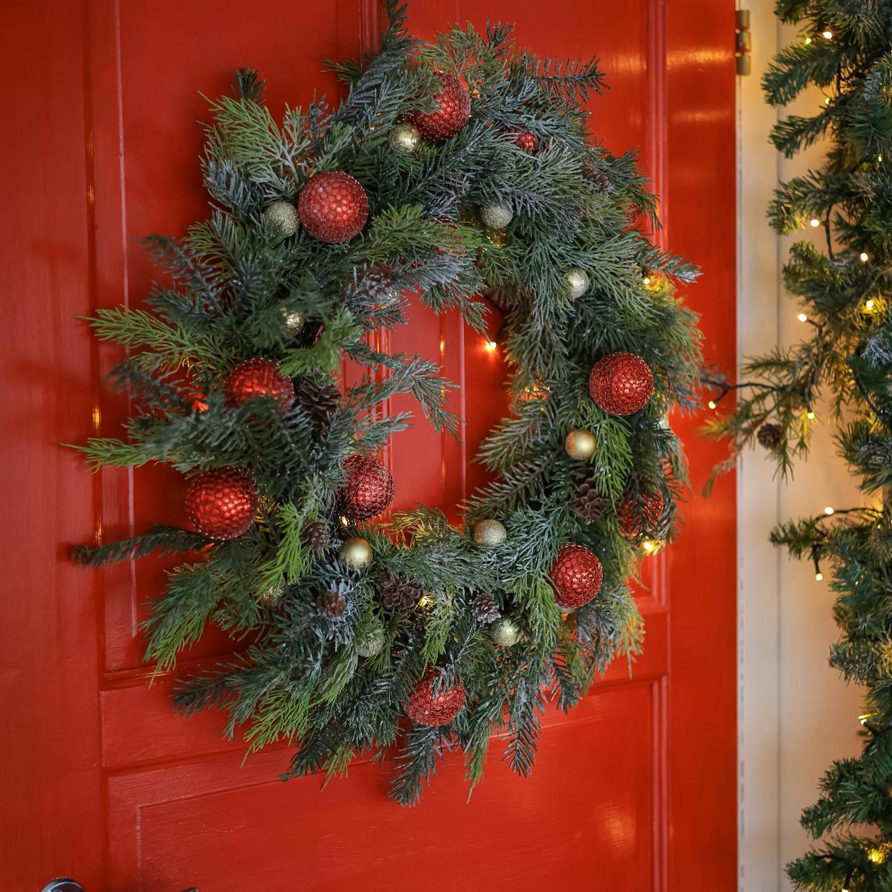 this image shows Christmas wreath hanging in Citrus Heights, CA