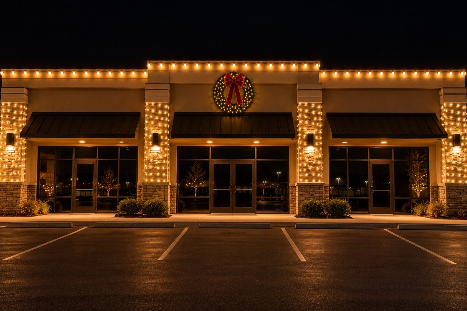 Christmas decorating service in Citrus Heights, CA: commercial storefronts parapet lights column wraps wreath warm white