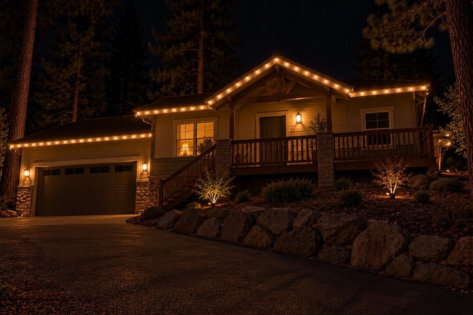 Christmas light company in Citrus Heights, CA: tract home warm white roofline