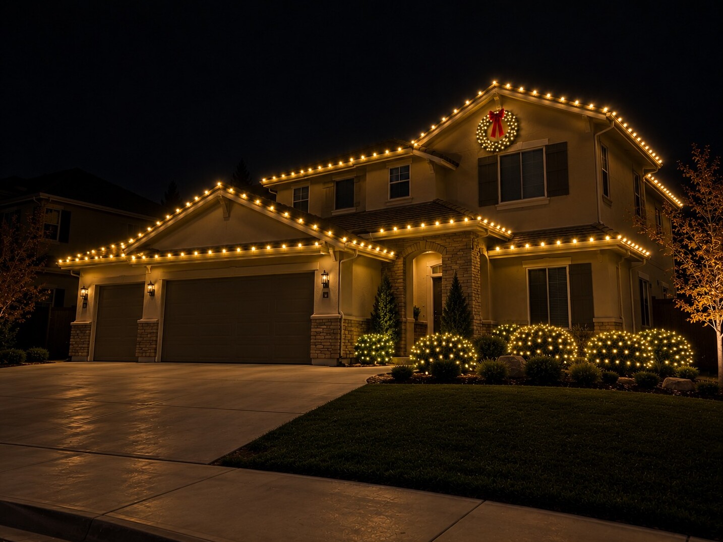 Christmas light company in Orangevale, CA: two story gable wreath c9 warm white