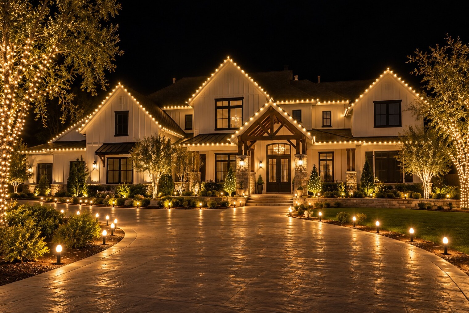 Christmas light hanging in Carmichael, CA: grand modern farmhouse three gables driveway stakes warm white
