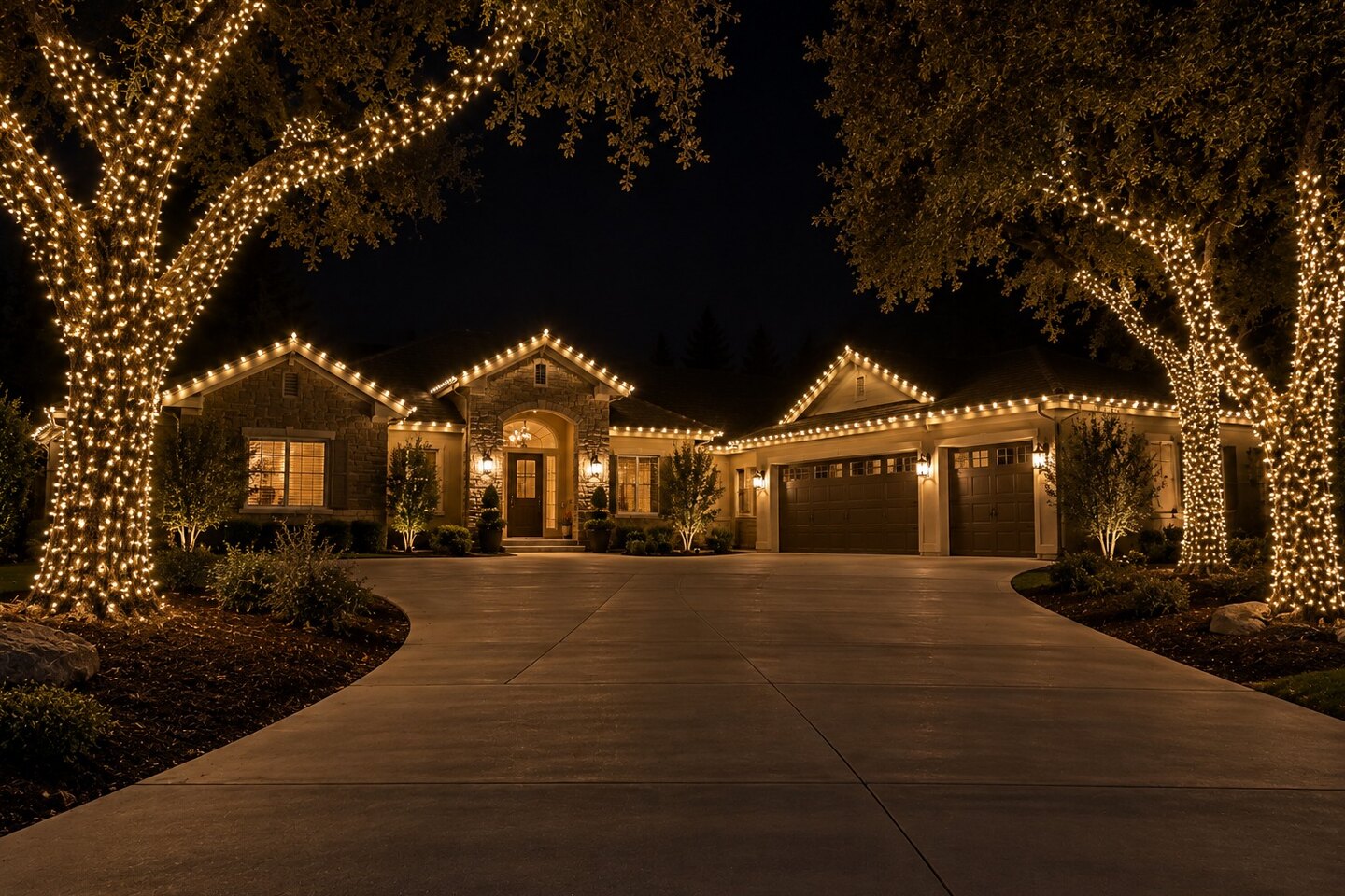Christmas light hanging in Citrus Heights, CA: custom three car warm white oaks driveway