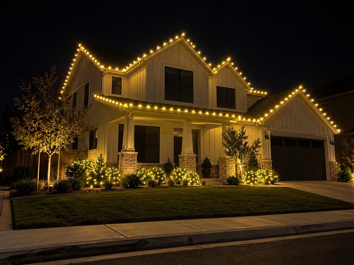Christmas light hanging in Citrus Heights, CA: modern farmhouse two story c9 warm white
