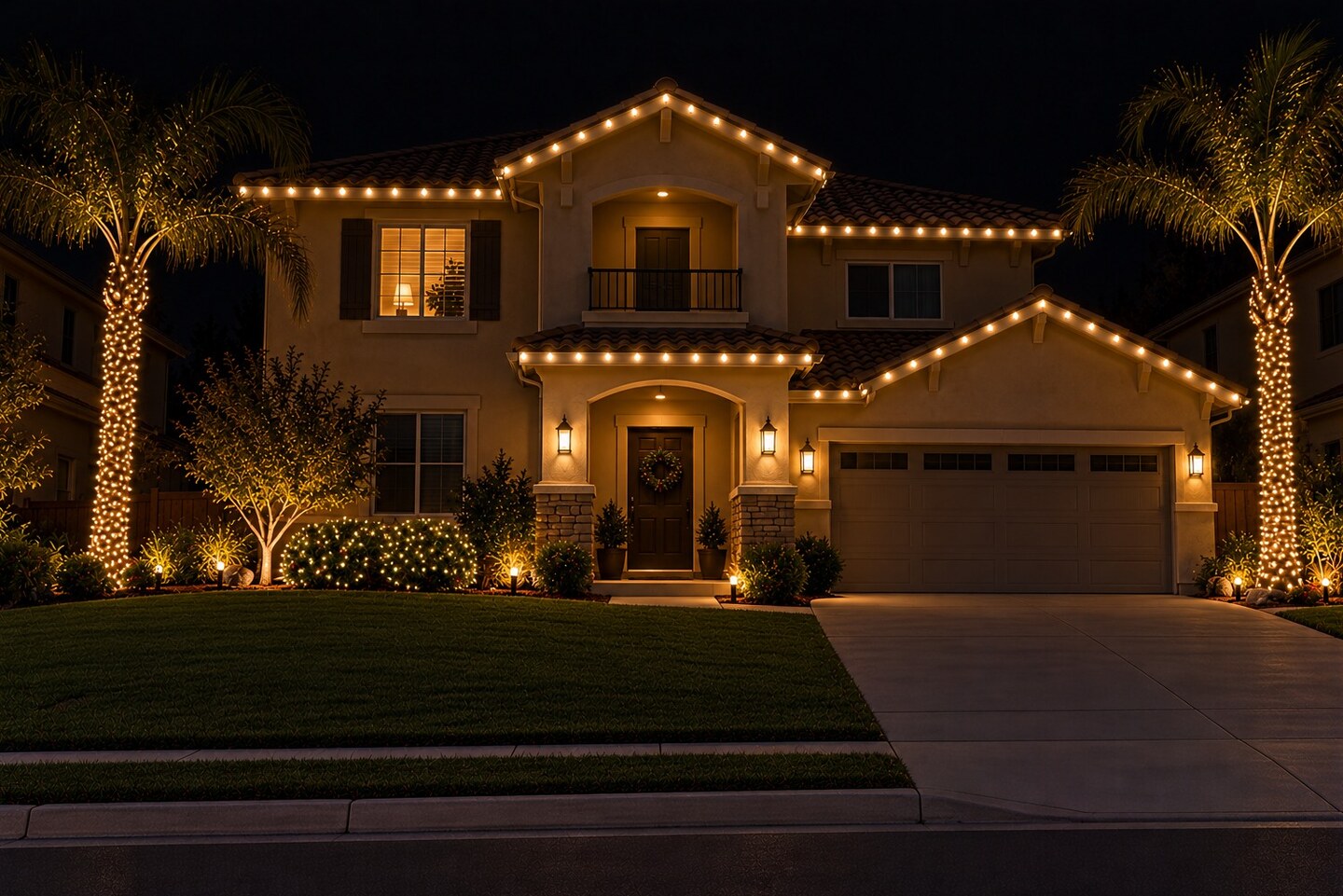 Christmas light service in Fair Oaks, CA: modern two story warm white roofline driveway stakes