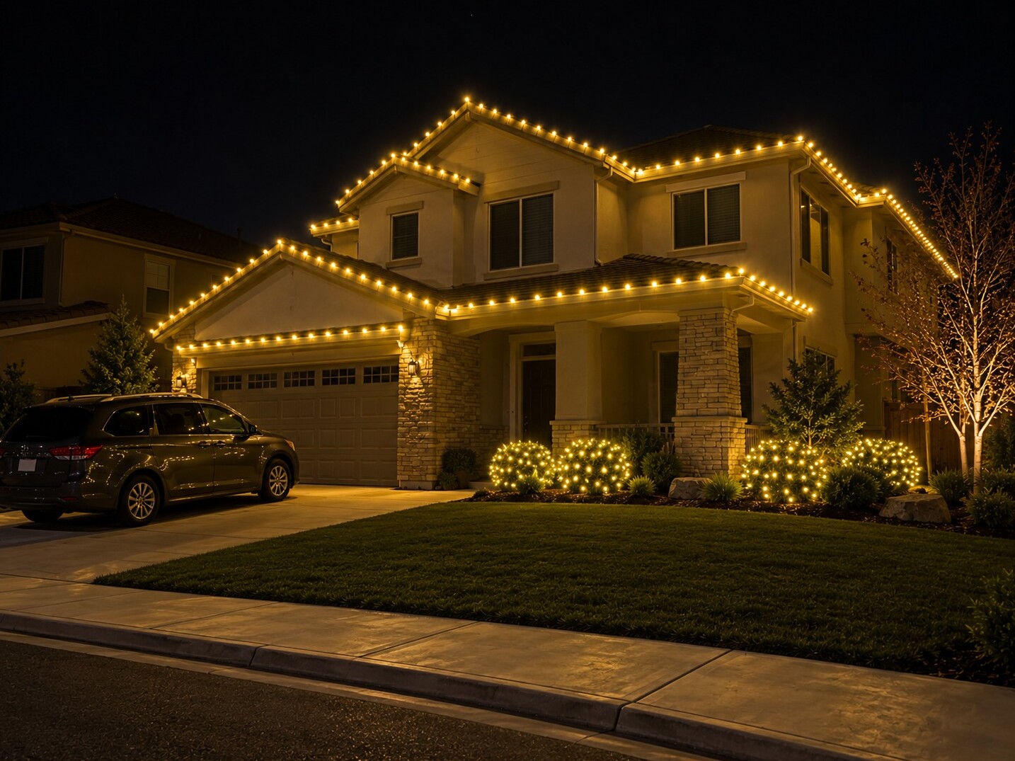 Christmas light hanging in Fair Oaks, CA: two story stone entry c9 warm white