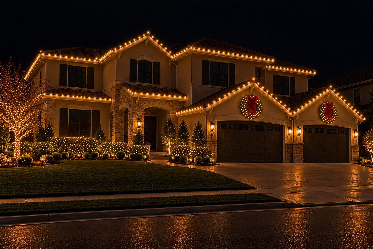 Christmas light hanging in Granite Bay, CA: two story garage door wreaths c9 warm white