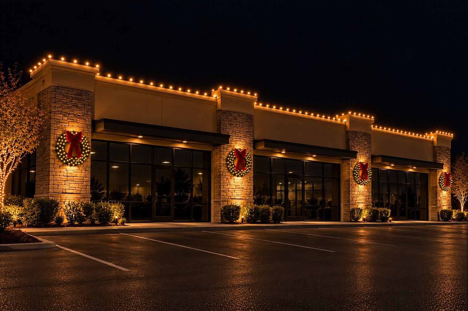 Christmas light hanging in Roseville, CA: commercial storefronts parapet wreaths c9 warm white