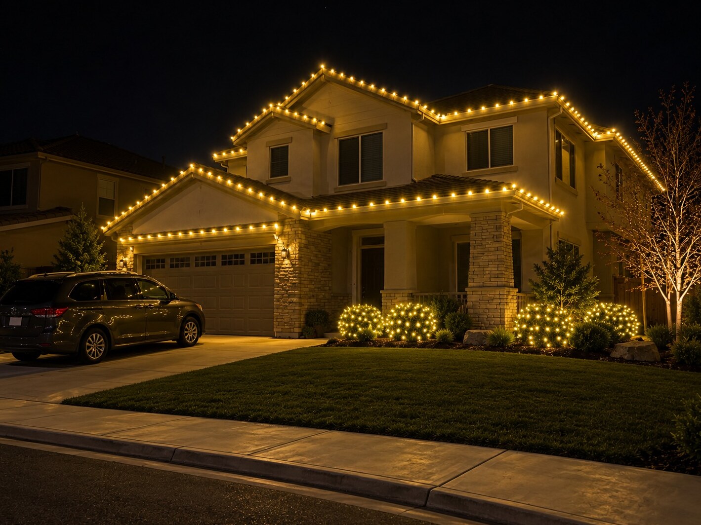 Christmas light installation in Antelope, CA: two story stone entry c9 warm white