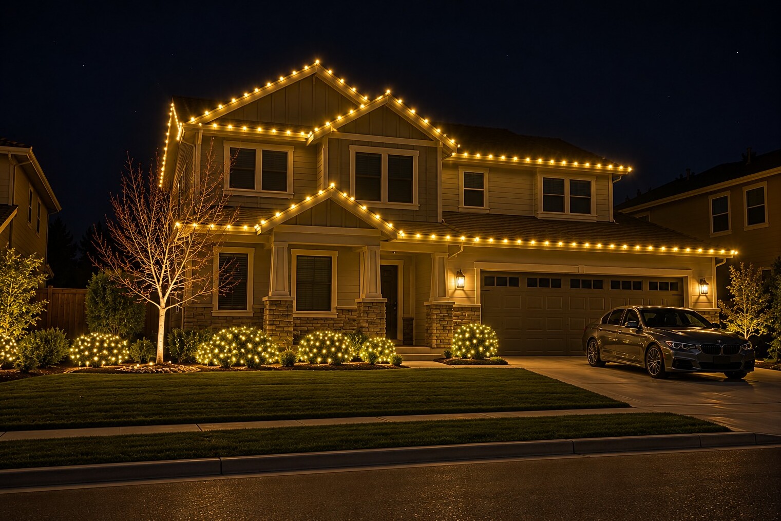 Christmas light installation in Carmichael, CA: tract two story sedan c9 warm white