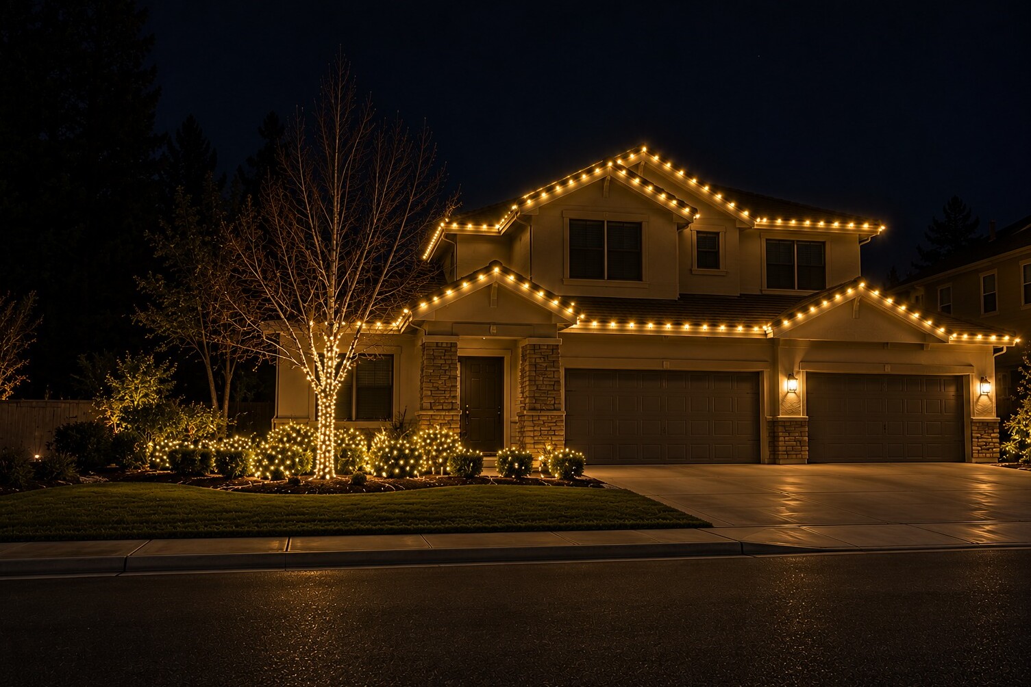 Christmas light company in Citrus Heights, CA: grand modern farmhouse estate c9 warm white