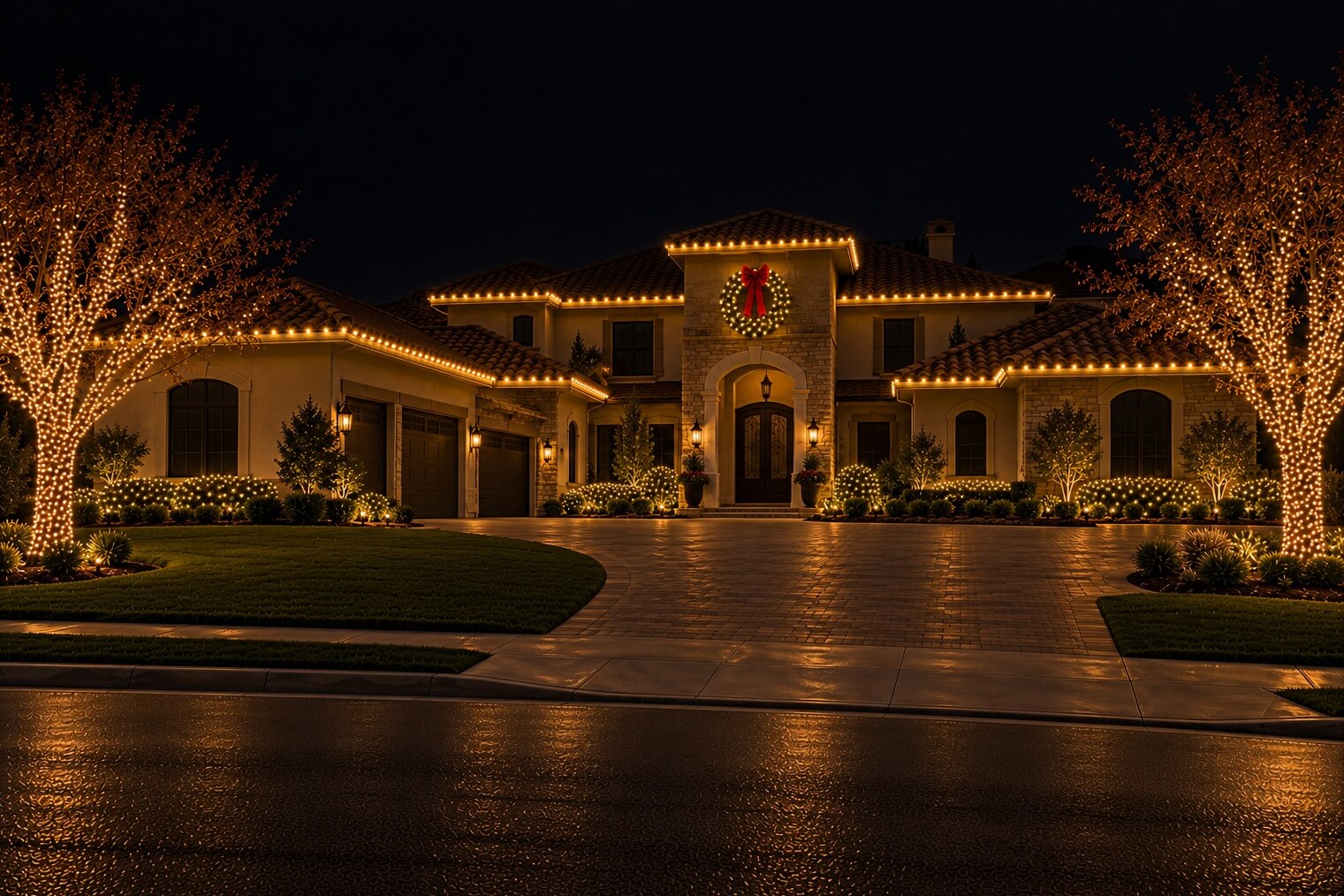Christmas light installers in Antelope, CA: grand tuscan tower wreath estate c9 warm white