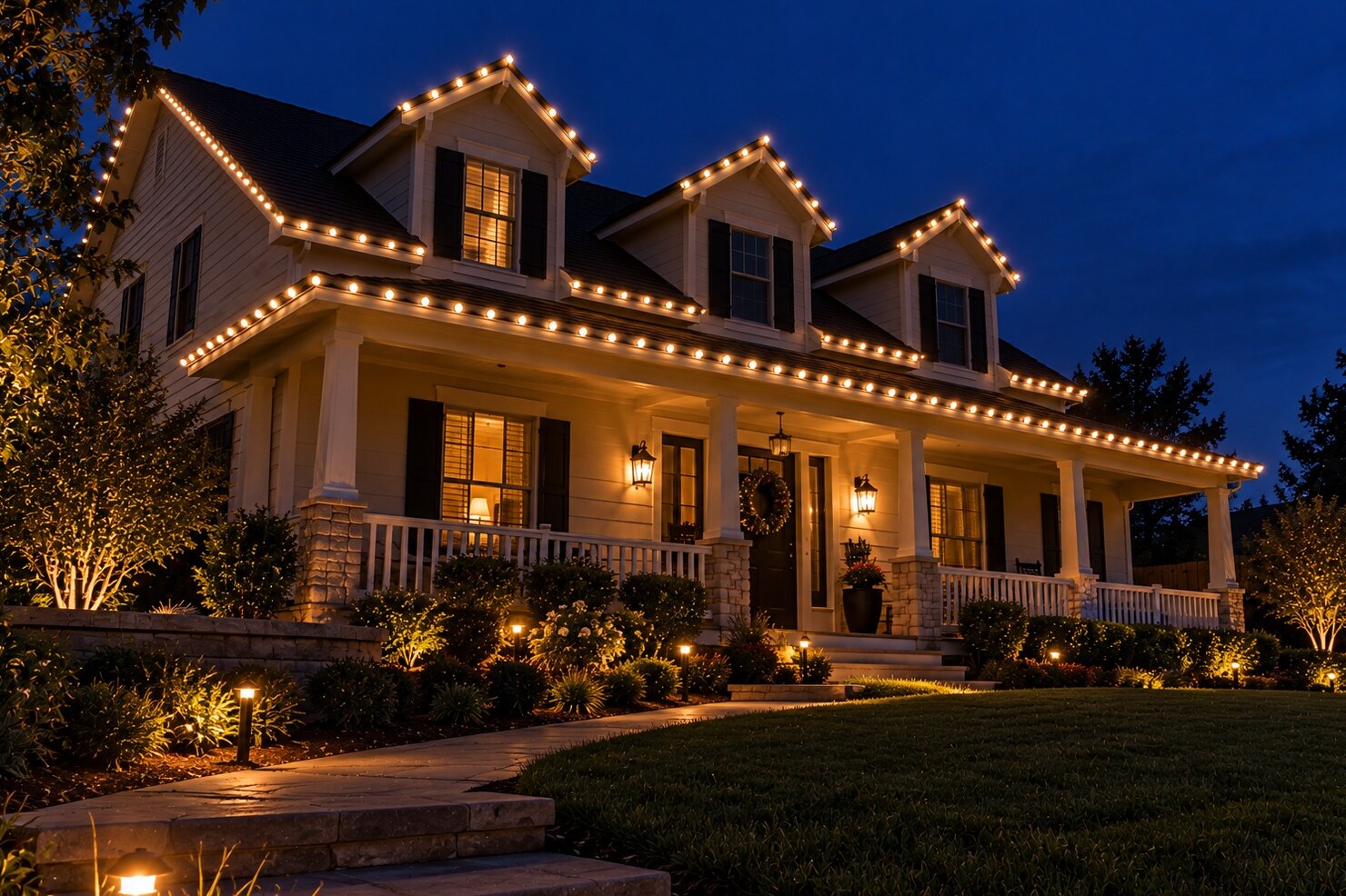 Christmas light installers in Citrus Heights, CA: porch house warm white dormers dusk