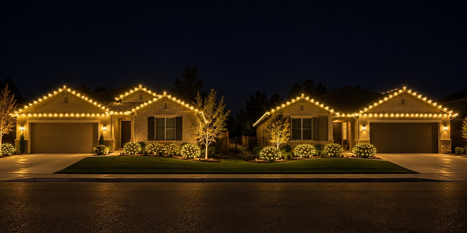 Christmas light installers in Fair Oaks, CA: two neighbor homes street c9 warm white