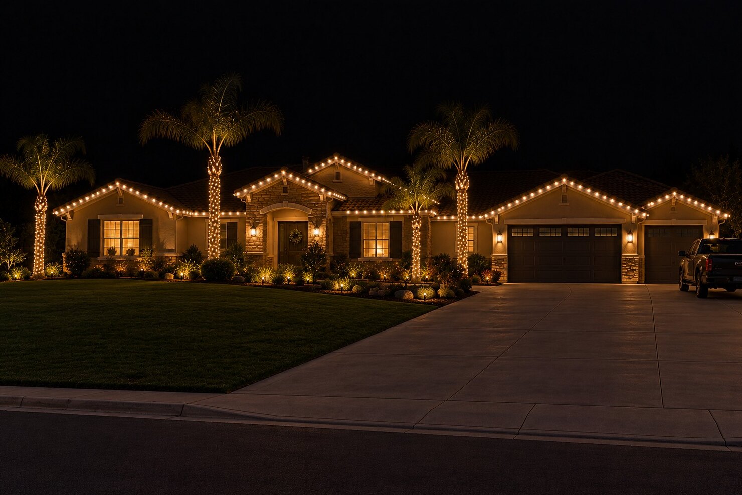 Christmas light company in Granite Bay, CA: two story stucco pure white roofline lit shrubs tree wraps