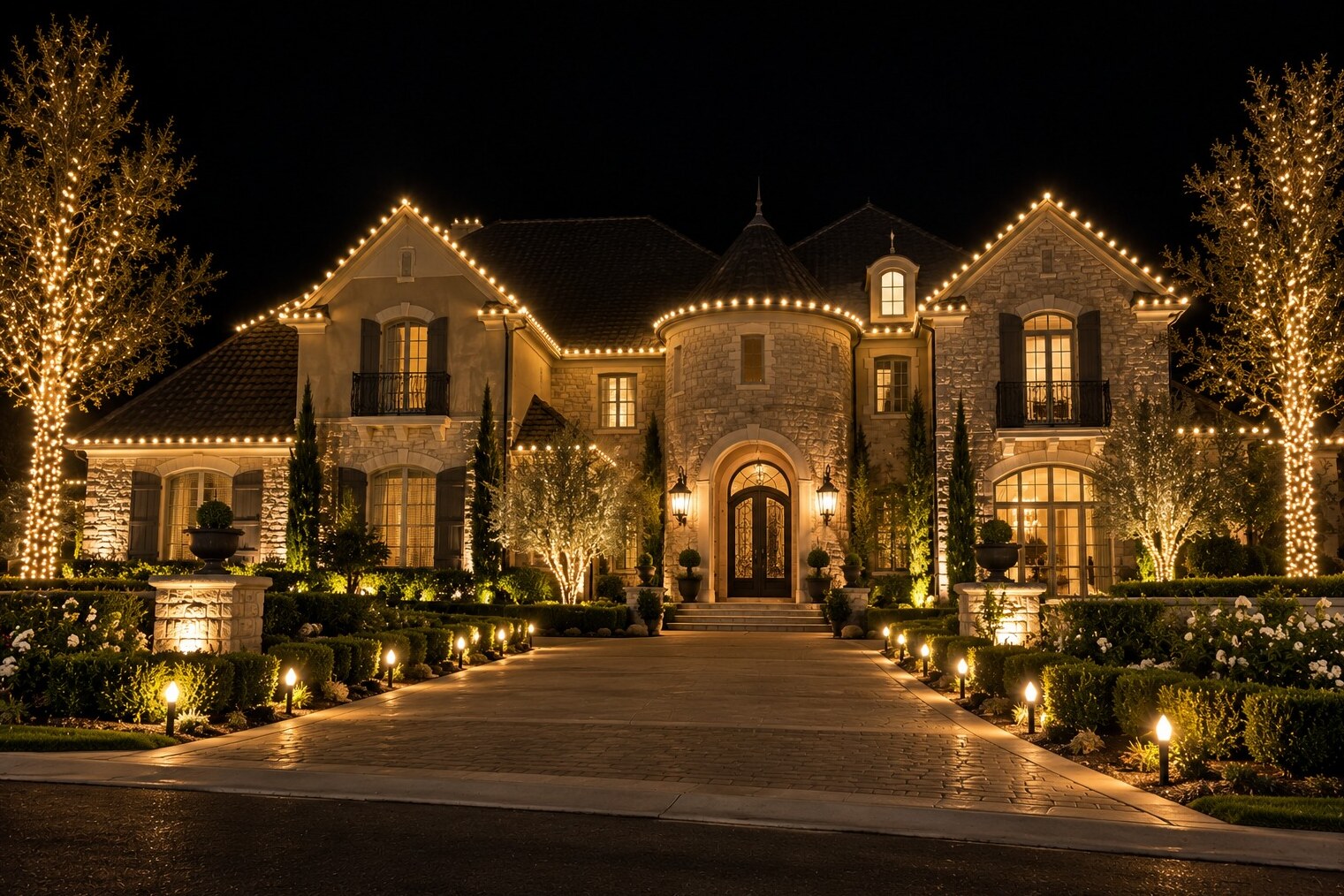 Christmas light installers in Orangevale, CA: grand french country estate stone turret warm white