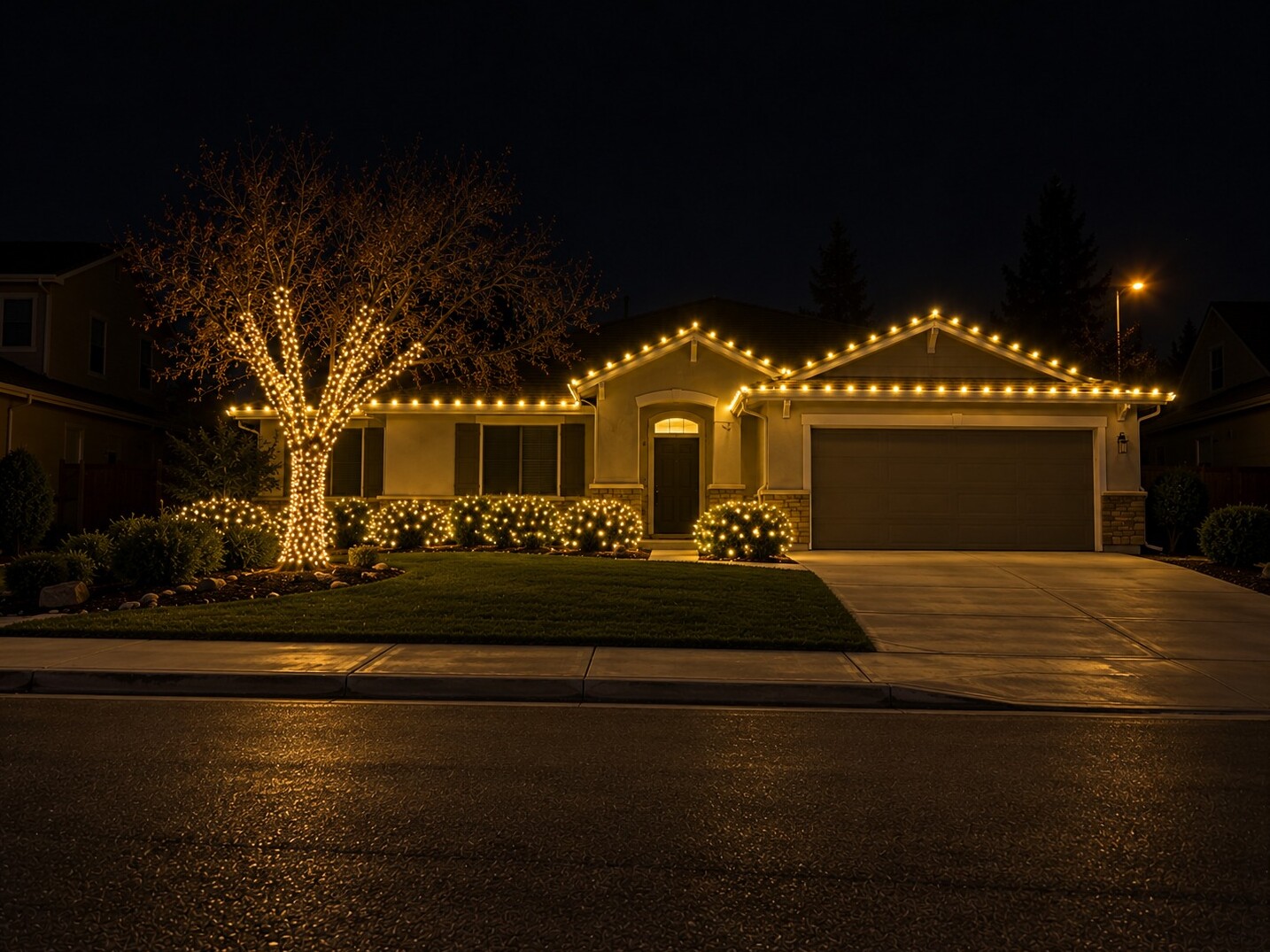 Christmas light service in Carmichael, CA: street view lit ranch c9 warm white
