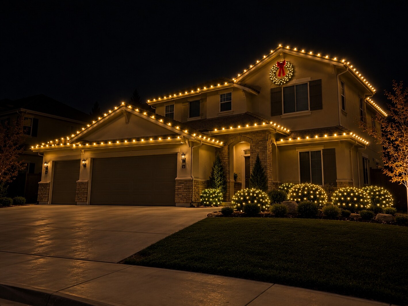 Christmas light service in Citrus Heights, CA: two story gable wreath c9 warm white