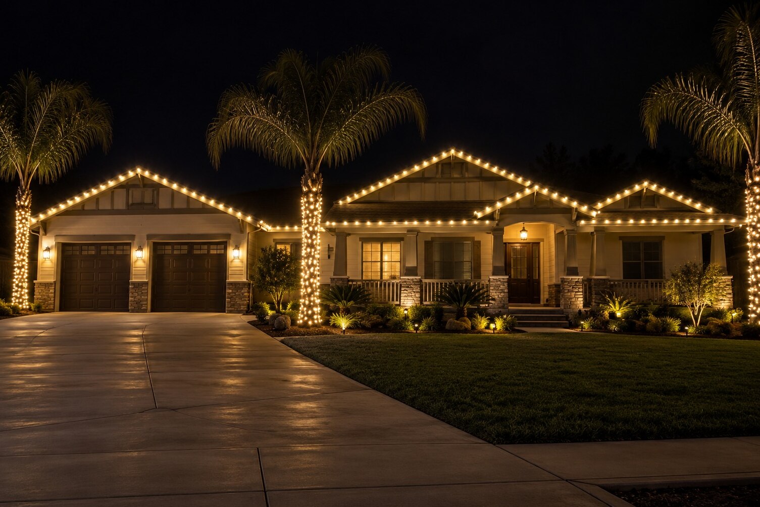 Christmas lights in Antelope, CA: ranch three gables porch palm wraps warm white