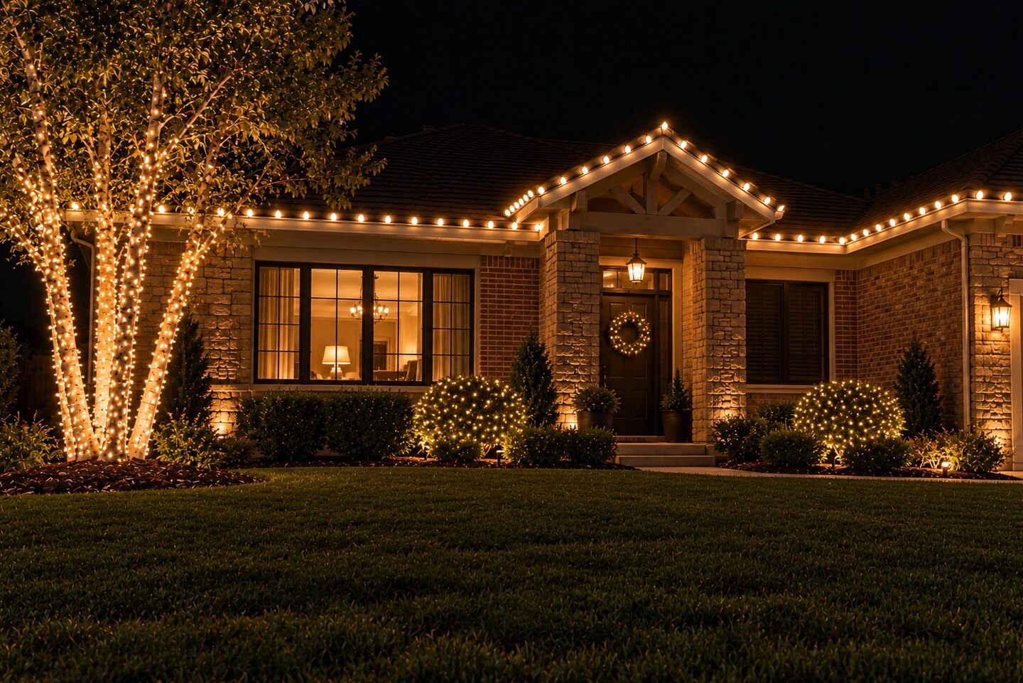 Christmas lights in Antelope, CA: single brick warm white birches