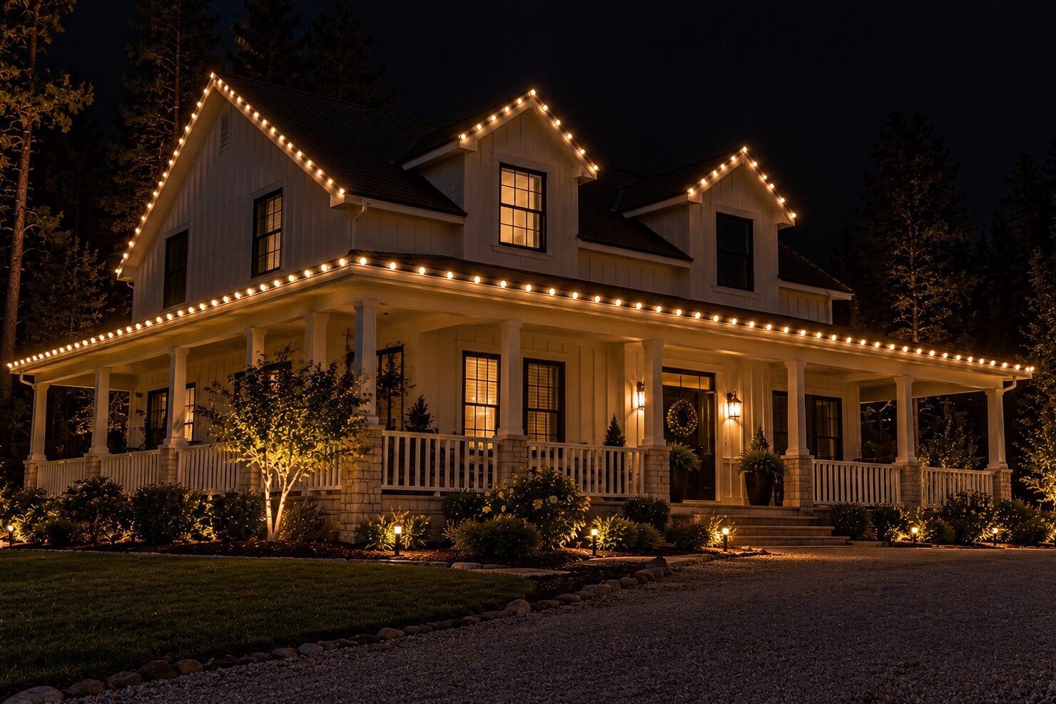 Residential christmas lights in Carmichael, CA: country home dormers wraparound porch warm white