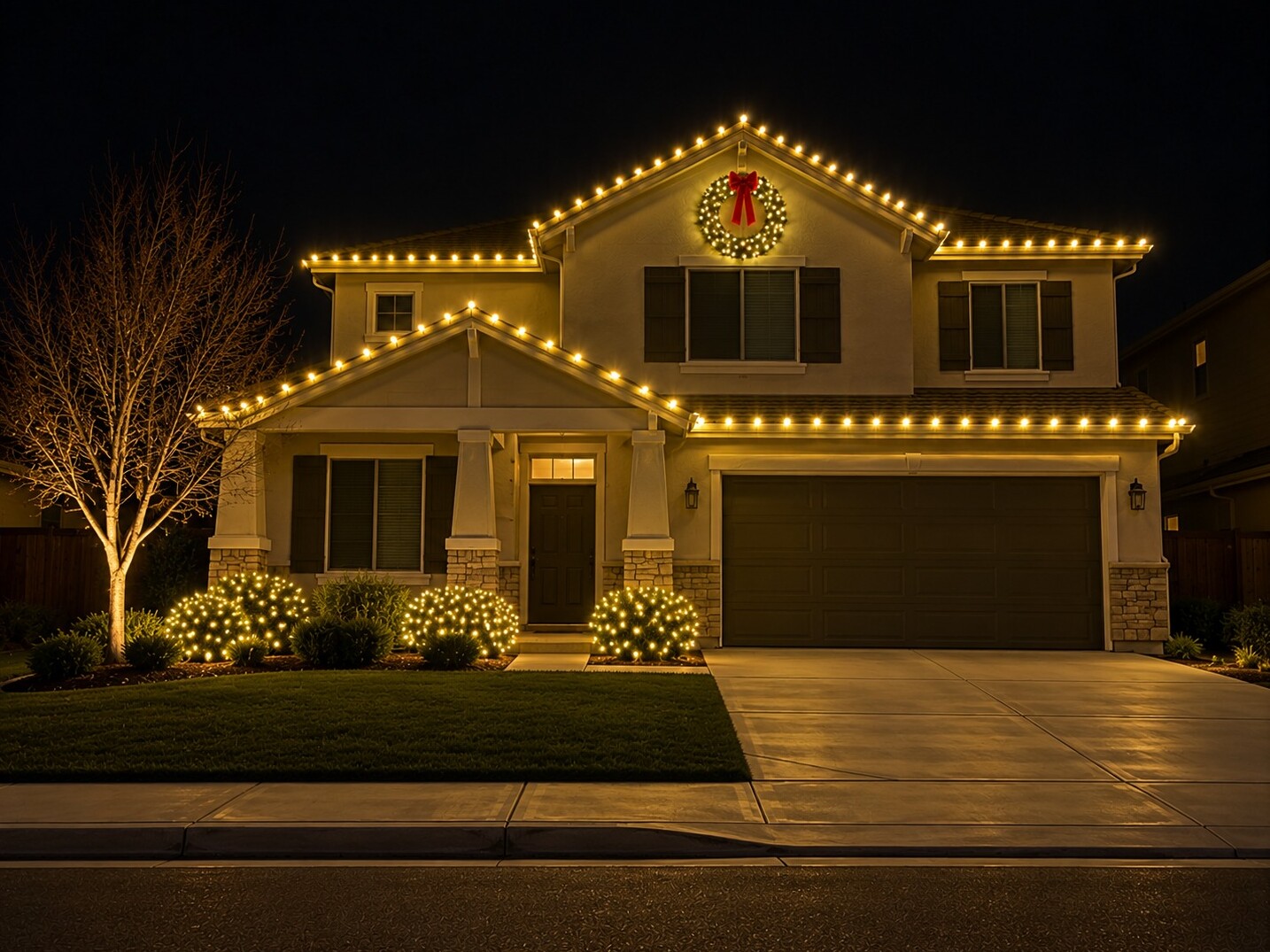 Christmas lights in Citrus Heights, CA: double gable wreath c9 warm white