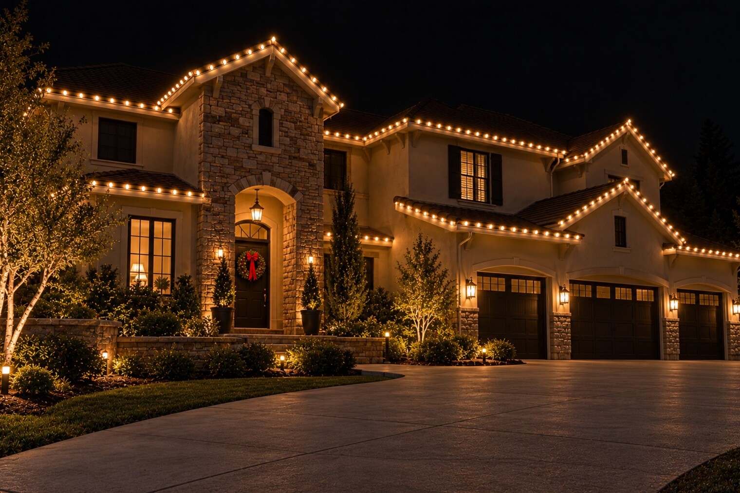 Christmas lights in Citrus Heights, CA: stone tower entry warm white wreath