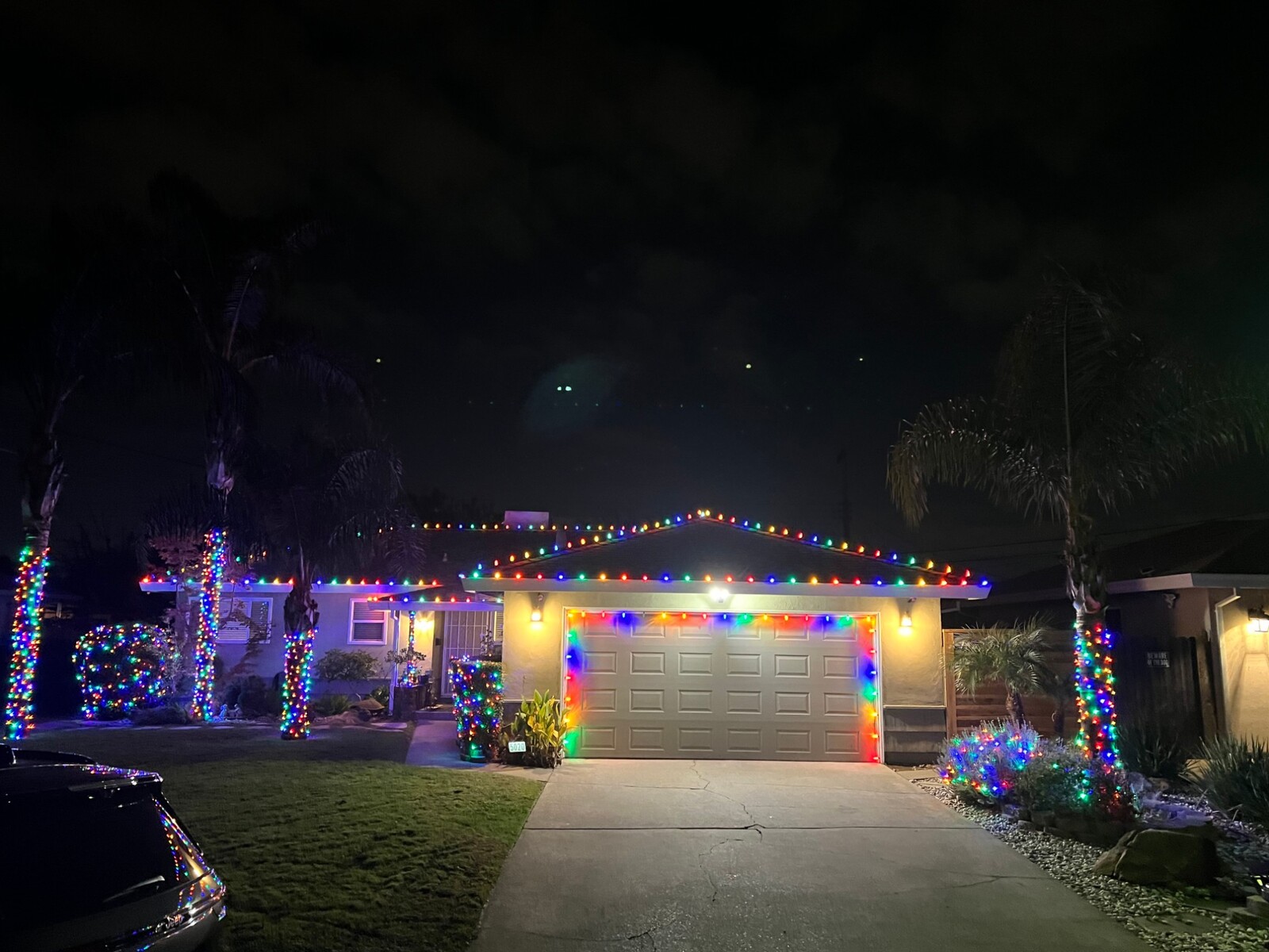 Holiday light installation in Antelope, CA: ranch multicolor roofline garage outline palm wraps