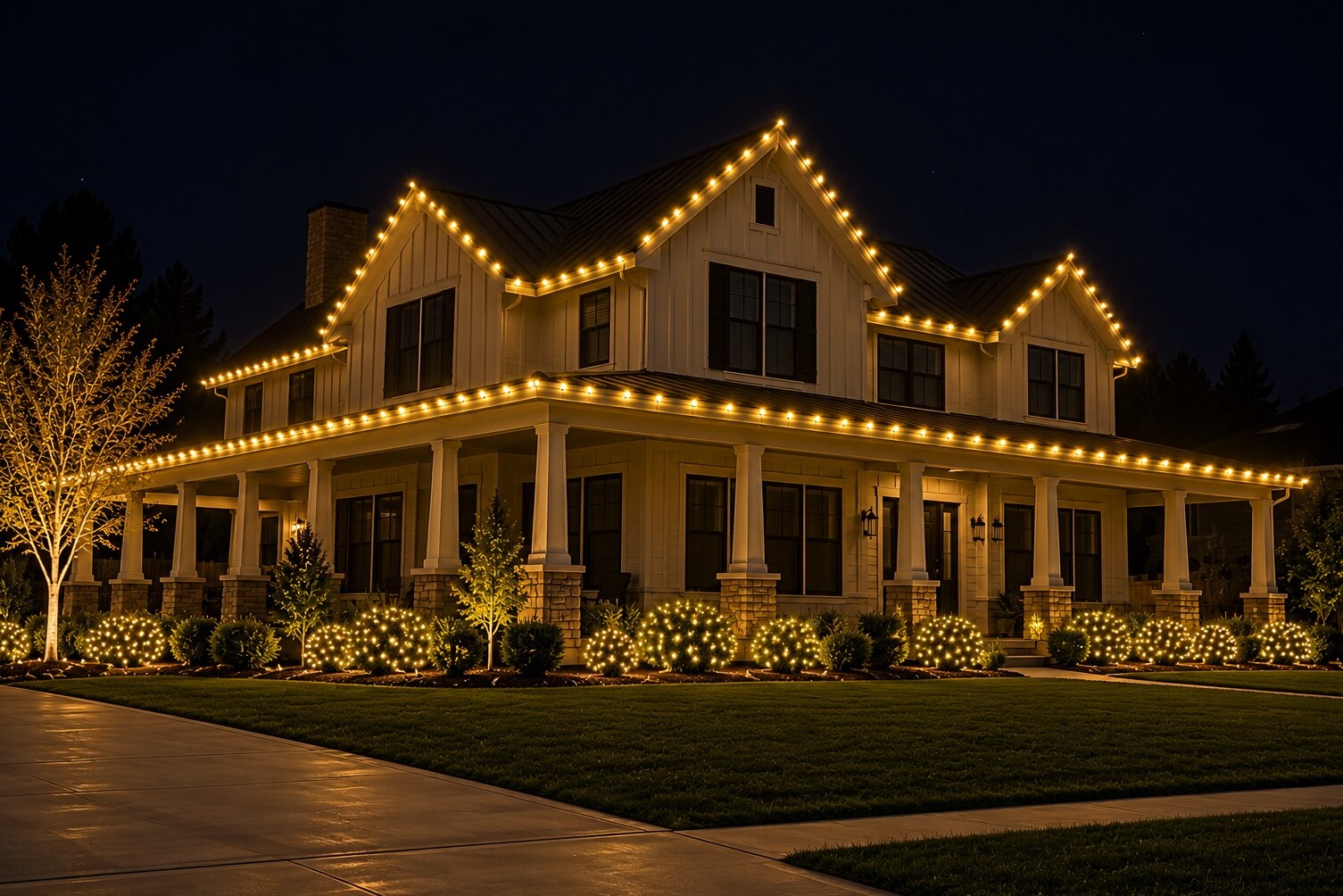 Holiday light installation in Carmichael, CA: farmhouse wraparound porch c9 warm white