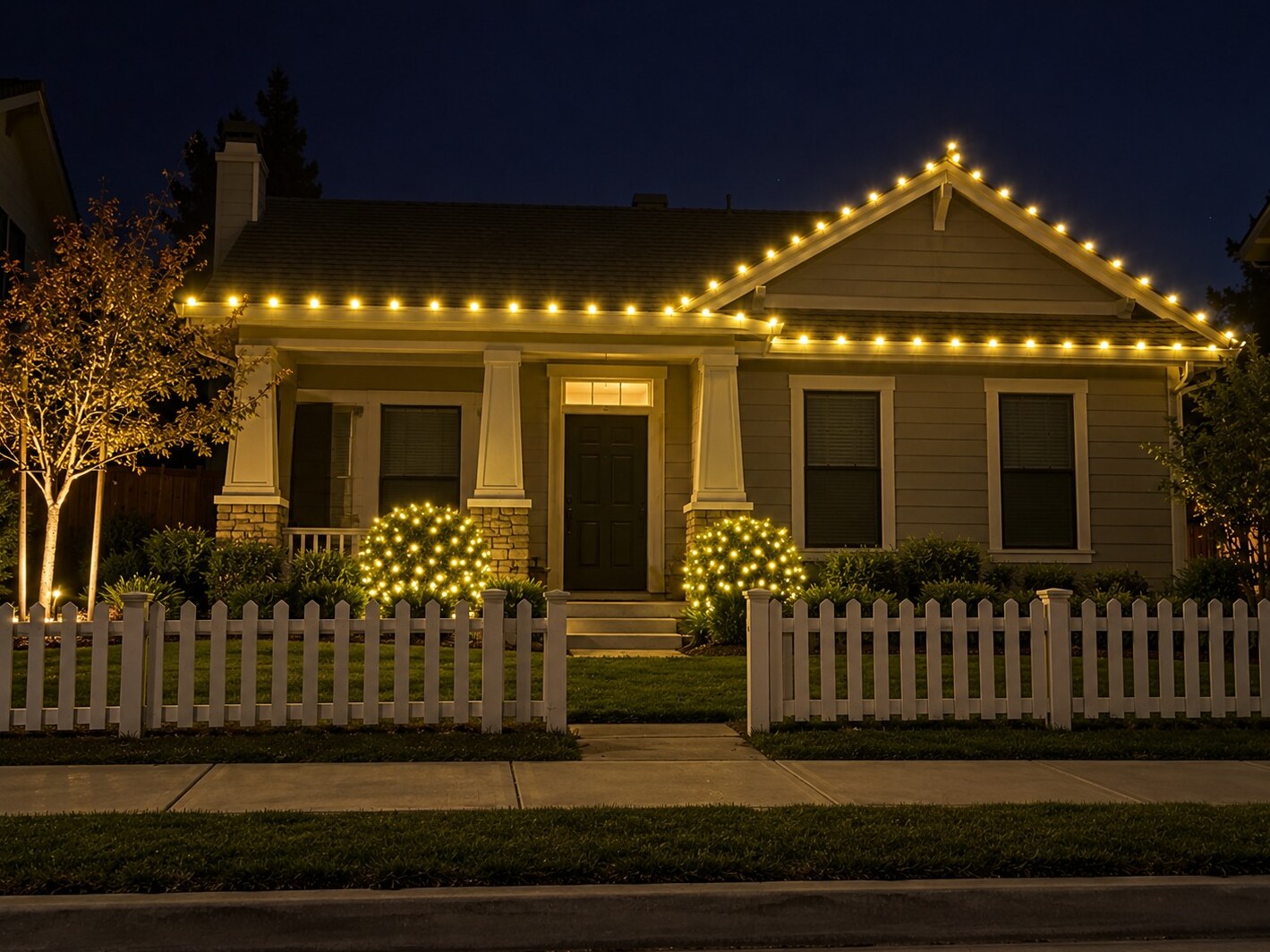Holiday light installation in Citrus Heights, CA: cottage picket fence c9 warm white