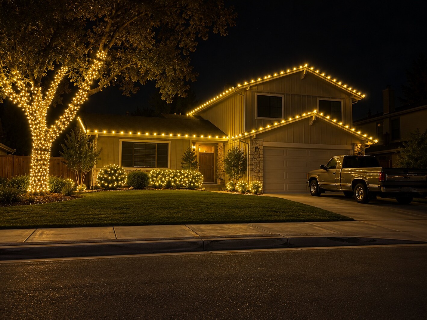 Holiday light installation in Citrus Heights, CA: split level oak wrap c9 warm white