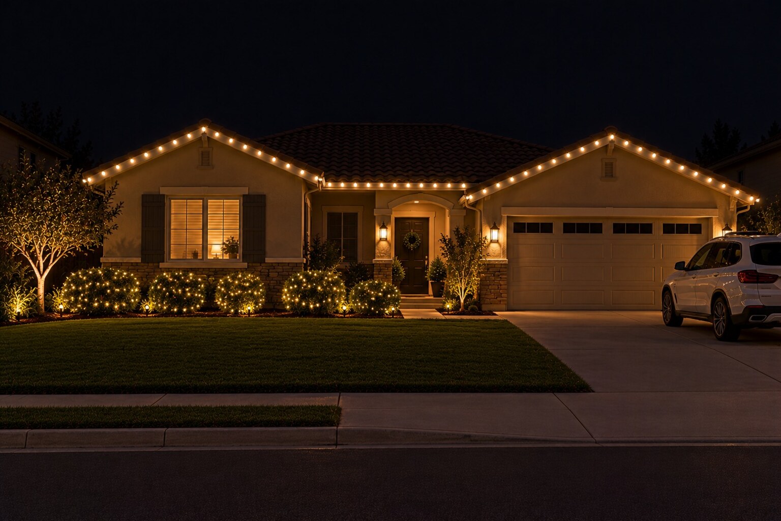 Holiday light installation in Citrus Heights, CA: tract single warm white bushes