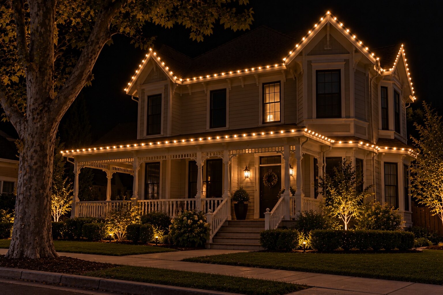 Holiday light installation in Citrus Heights, CA: victorian downtown warm white