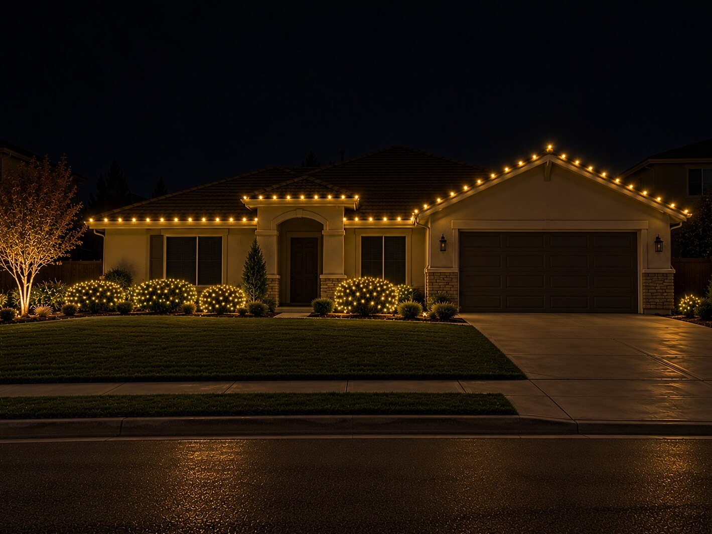 Holiday light installation in Folsom, CA: stucco ranch c9 roofline dark windows warm white