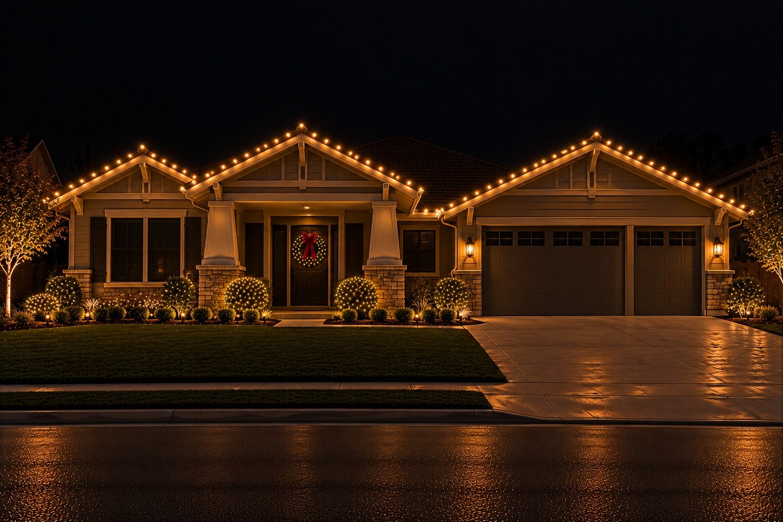 Holiday light installation in Granite Bay, CA: craftsman door wreath c9 warm white