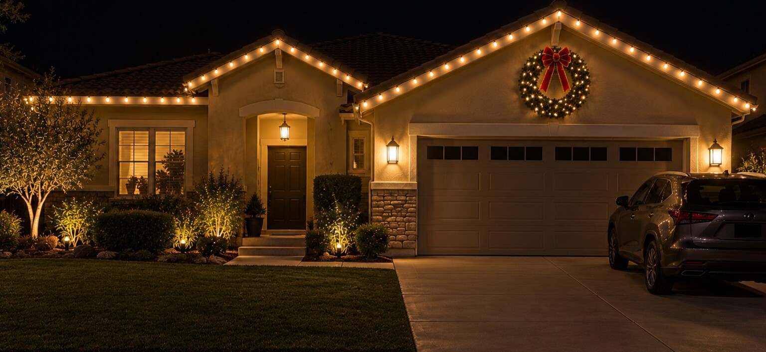 Holiday light installation in Granite Bay, CA: single story tract home lit wreath on gable warm white