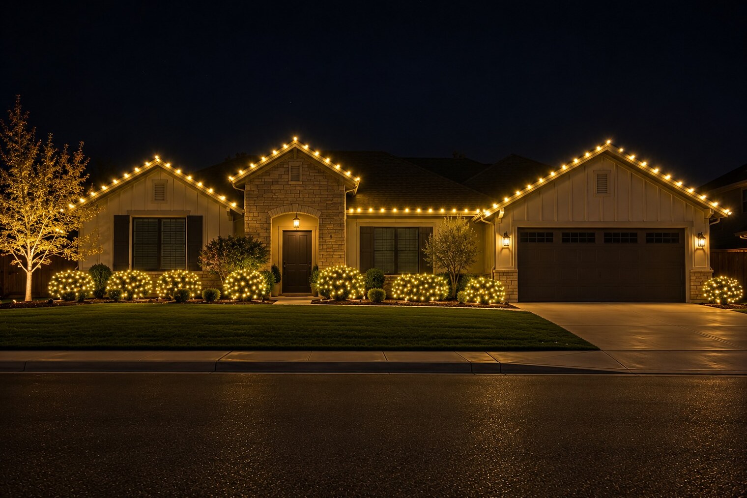 Holiday light installation in Orangevale, CA: ranch three gables c9 warm white