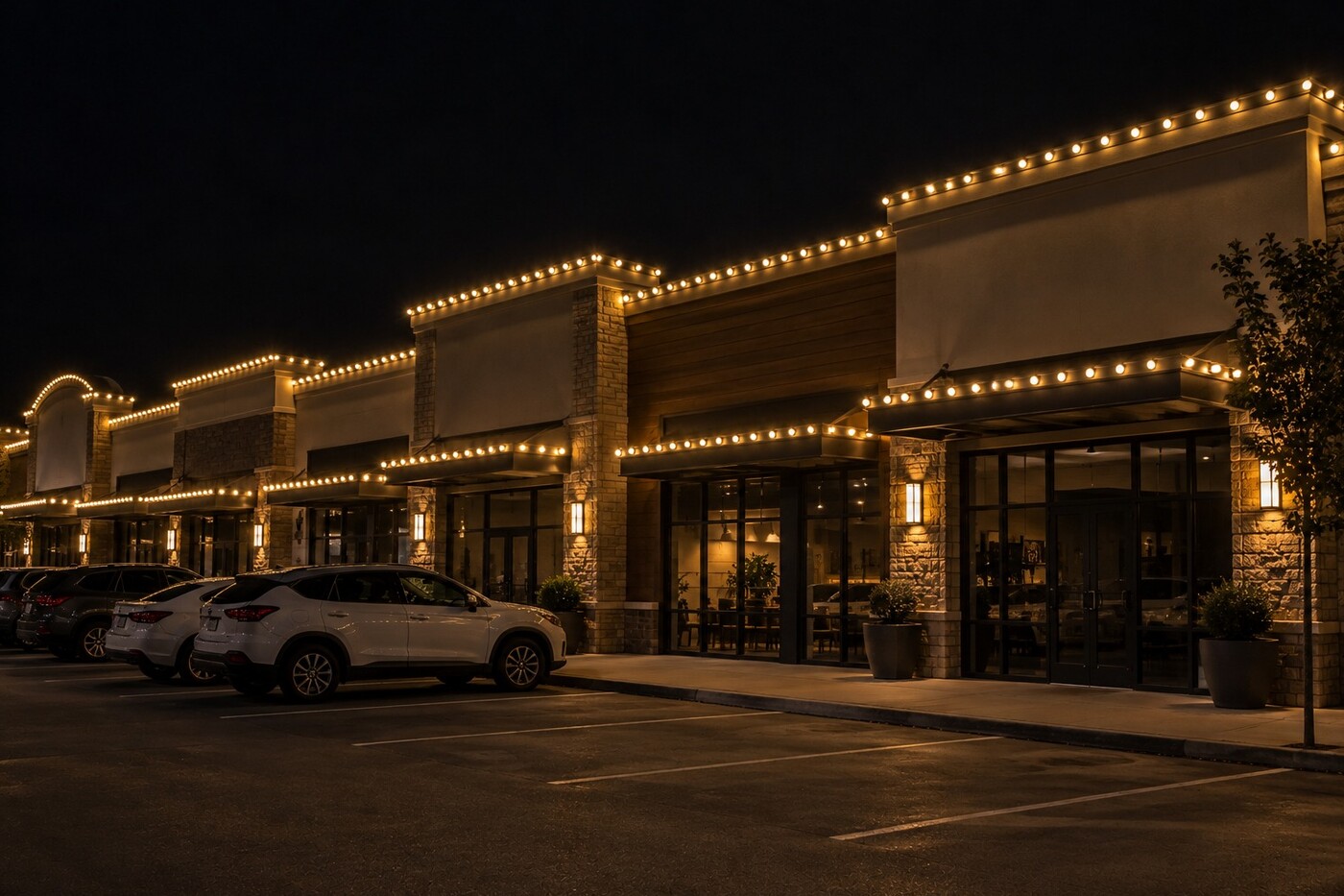 Professional christmas lights in Roseville, CA: two story home warm white roofline driveway stakes sunset