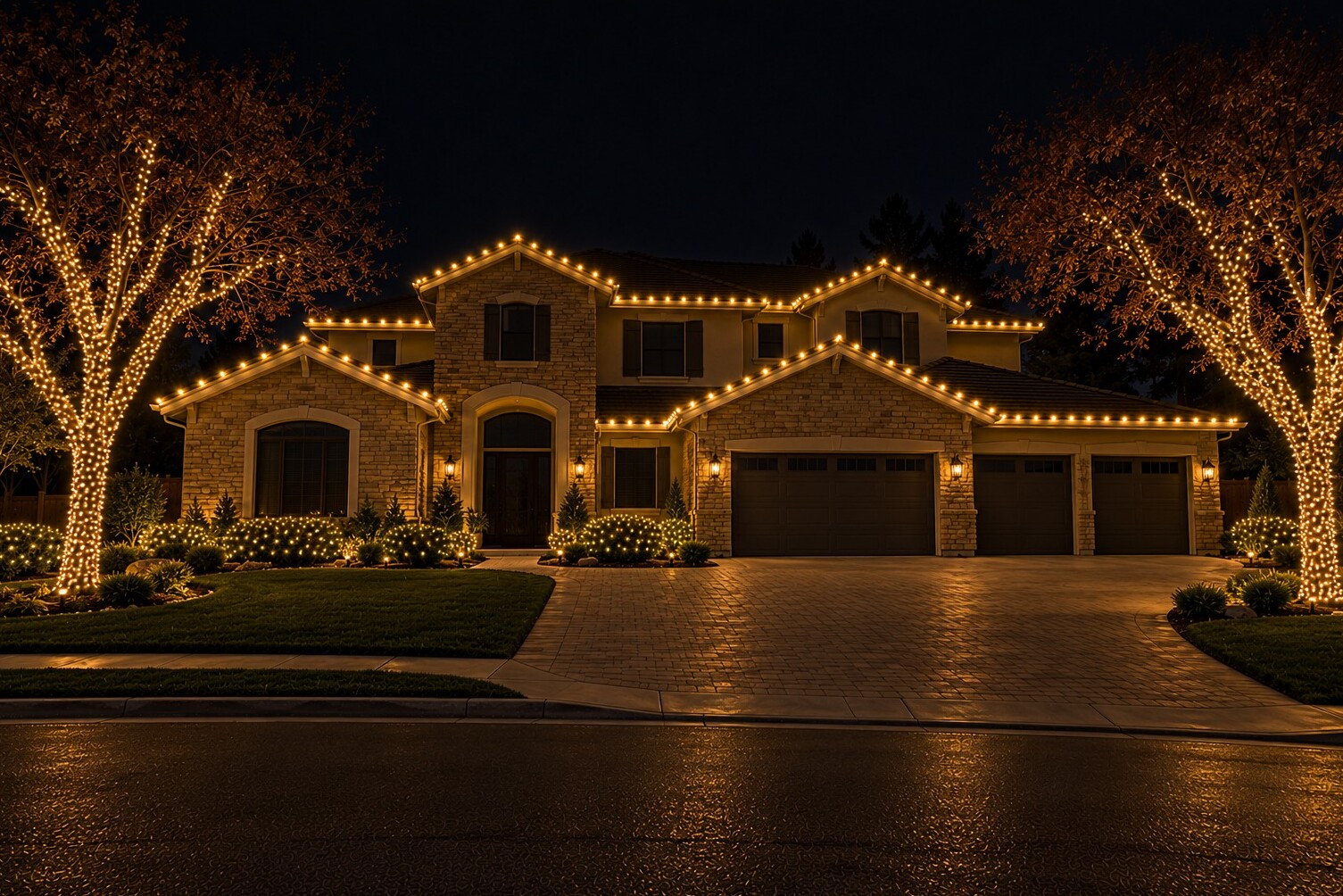 Holiday lighting in Carmichael, CA: grand stone stucco estate wrapped oaks c9 warm white