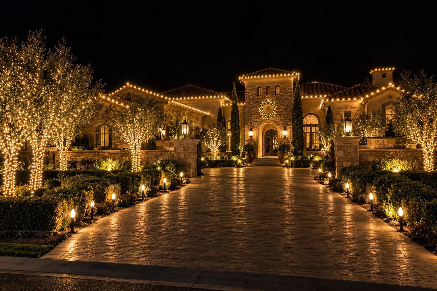 Holiday lighting in Citrus Heights, CA: grand tuscan estate stone entry tower wreath olive trees warm white