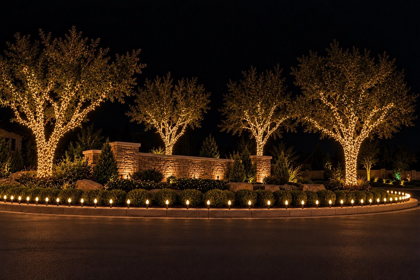 Holiday lighting in Citrus Heights, CA: hoa entrance warm white trees