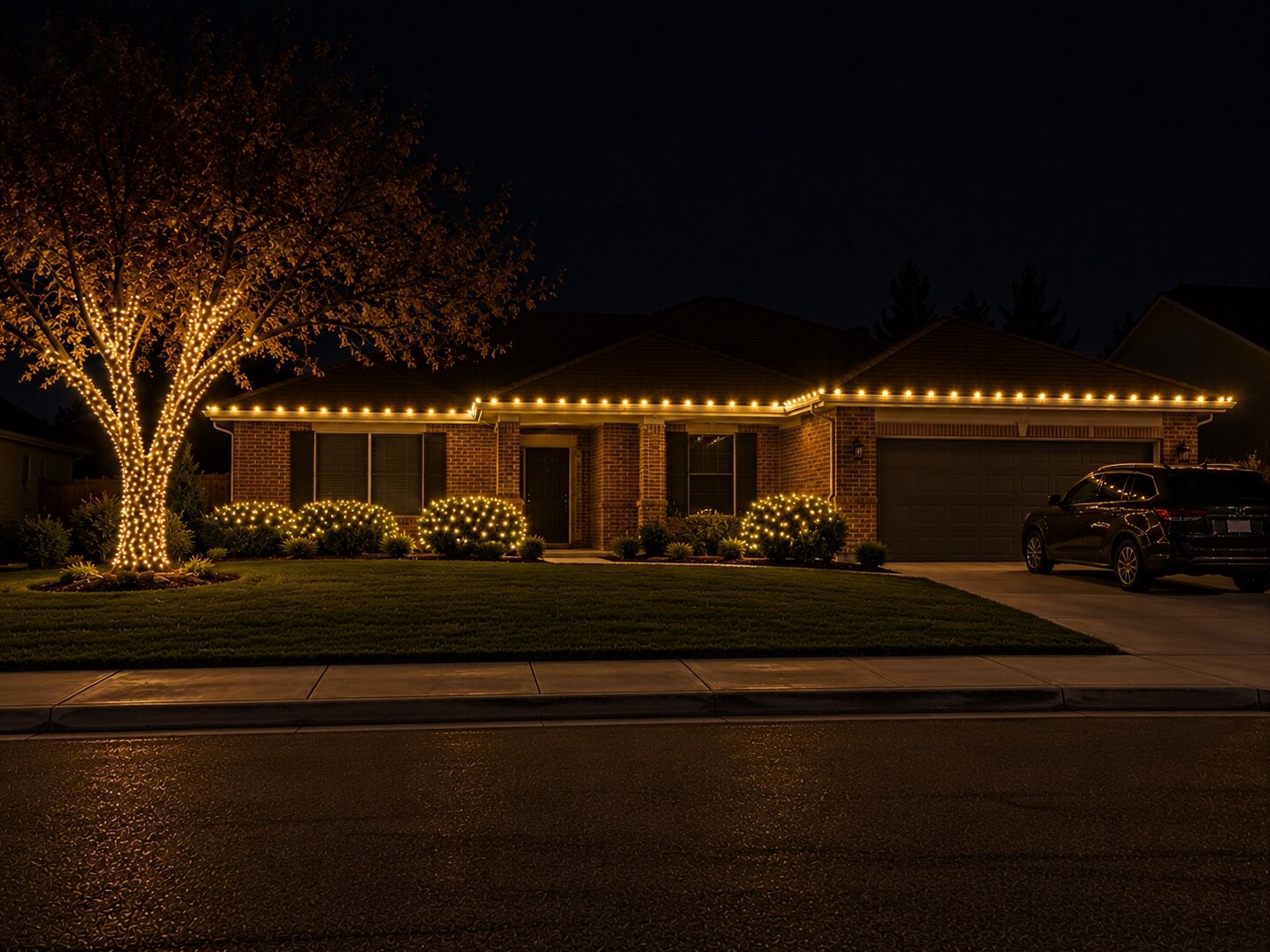 Holiday lighting in Fair Oaks, CA: brick ranch tree sleeve wrap c9 warm white