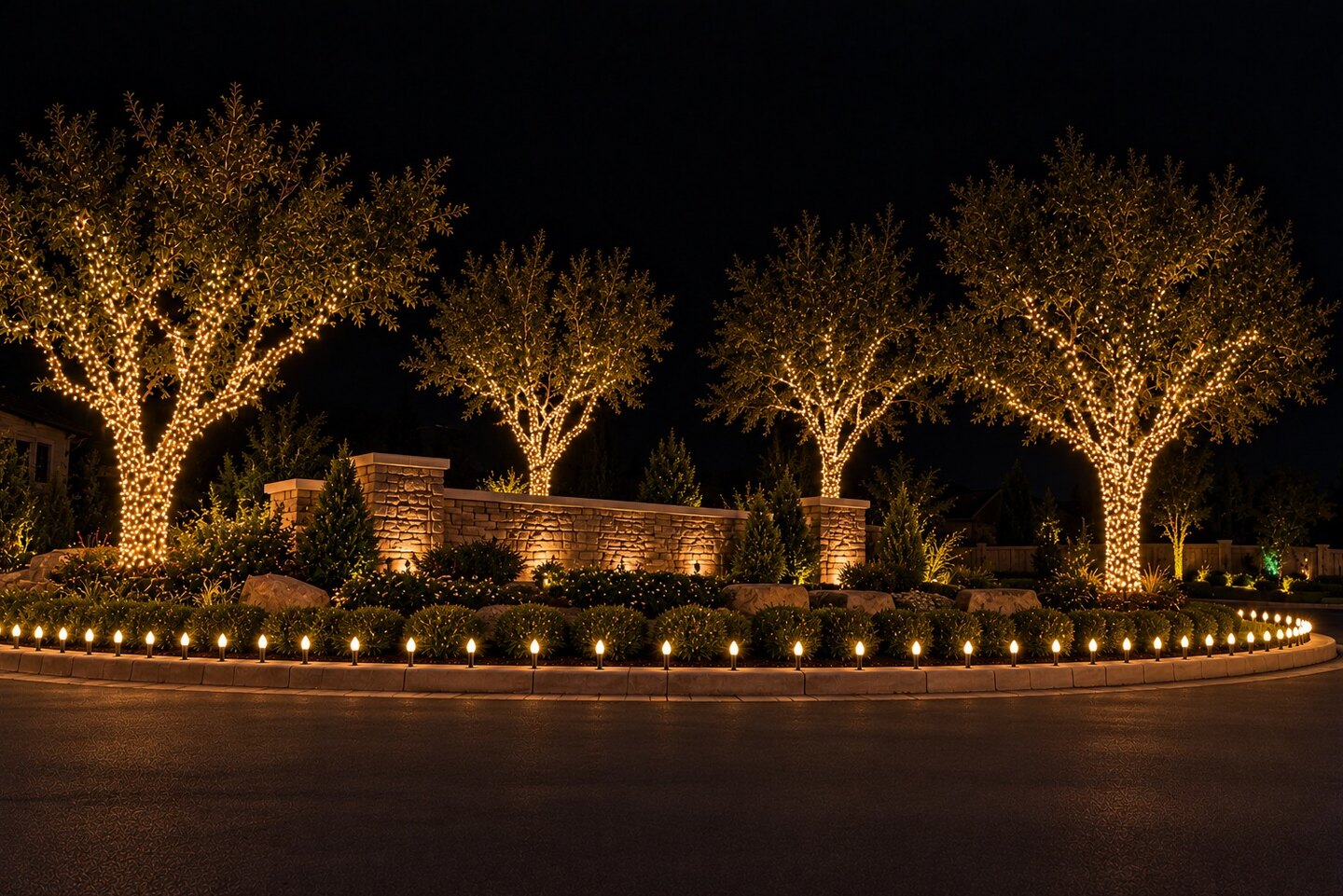 Christmas light installation in Folsom, CA: single story tile roof warm white roofline lit tree