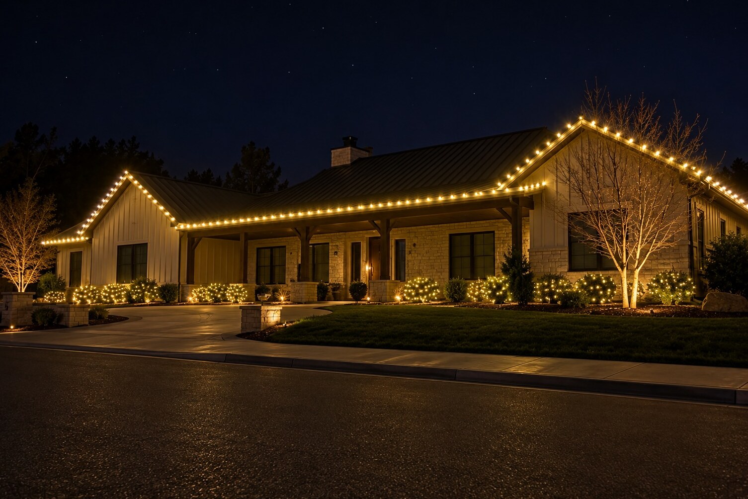 Holiday lighting in Granite Bay, CA: foothill metal roof porch c9 warm white