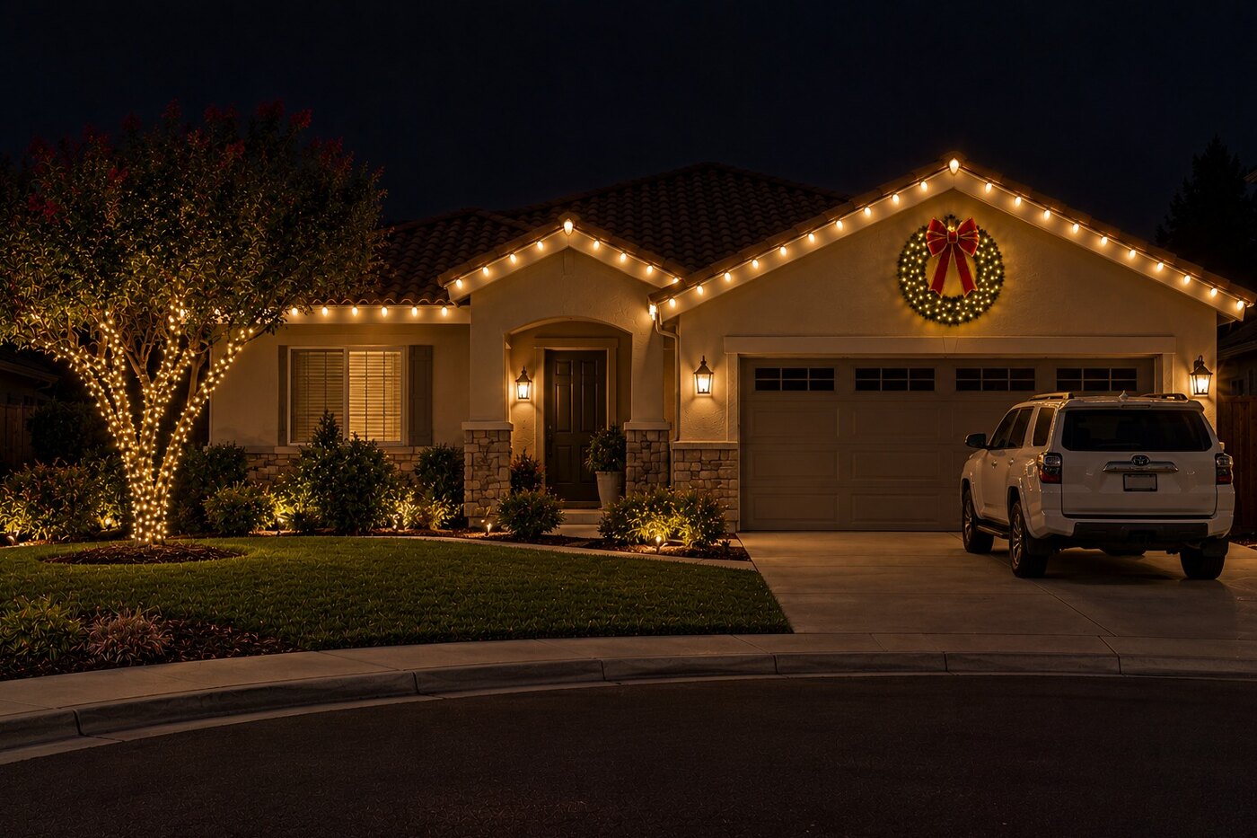 Holiday wreath installation in Citrus Heights, CA: single story two gable home gable wreath wrapped crape myrtle warm white