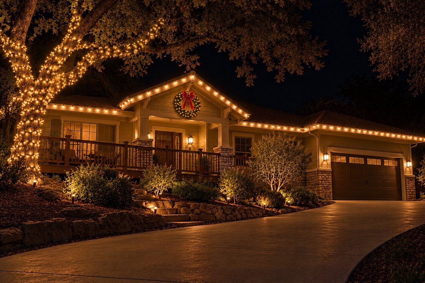 Lit wreath installation in Citrus Heights, CA: foothill home oak trunk wrap gable wreath warm white