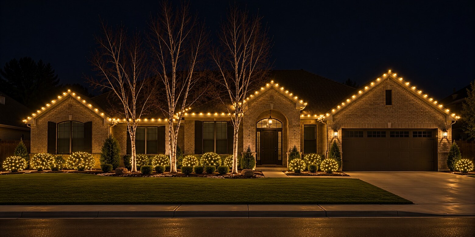 Professional christmas lights in Antelope, CA: brick ranch birches c9 warm white
