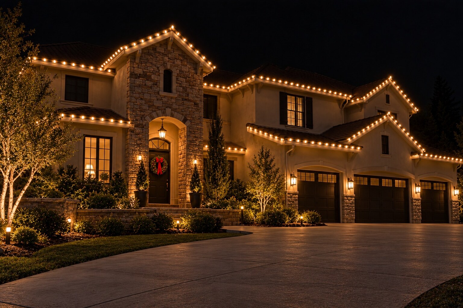 Professional christmas lights in Granite Bay, CA: stone tower entry warm white wreath