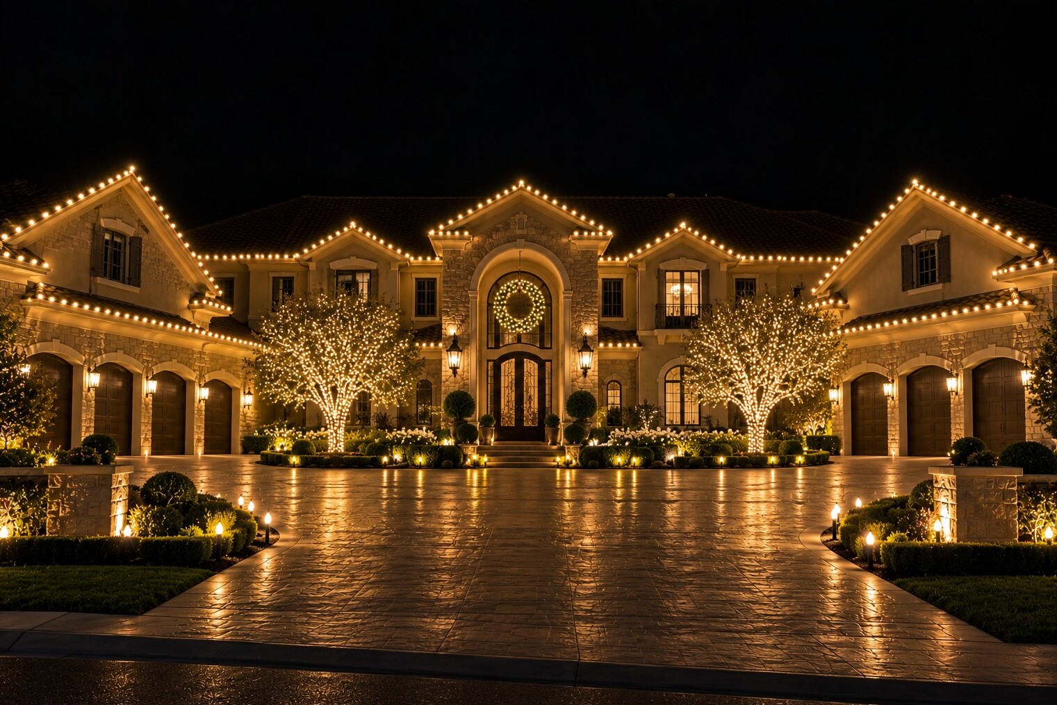Professional christmas lights in Orangevale, CA: grand twin gable estate arched entry wreath six car garage warm white