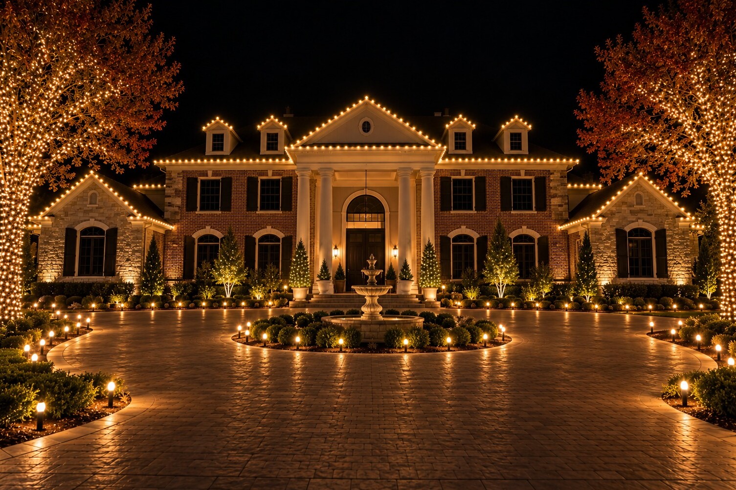 Residential christmas lights in Carmichael, CA: grand brick estate columned portico fountain wrapped maples warm white