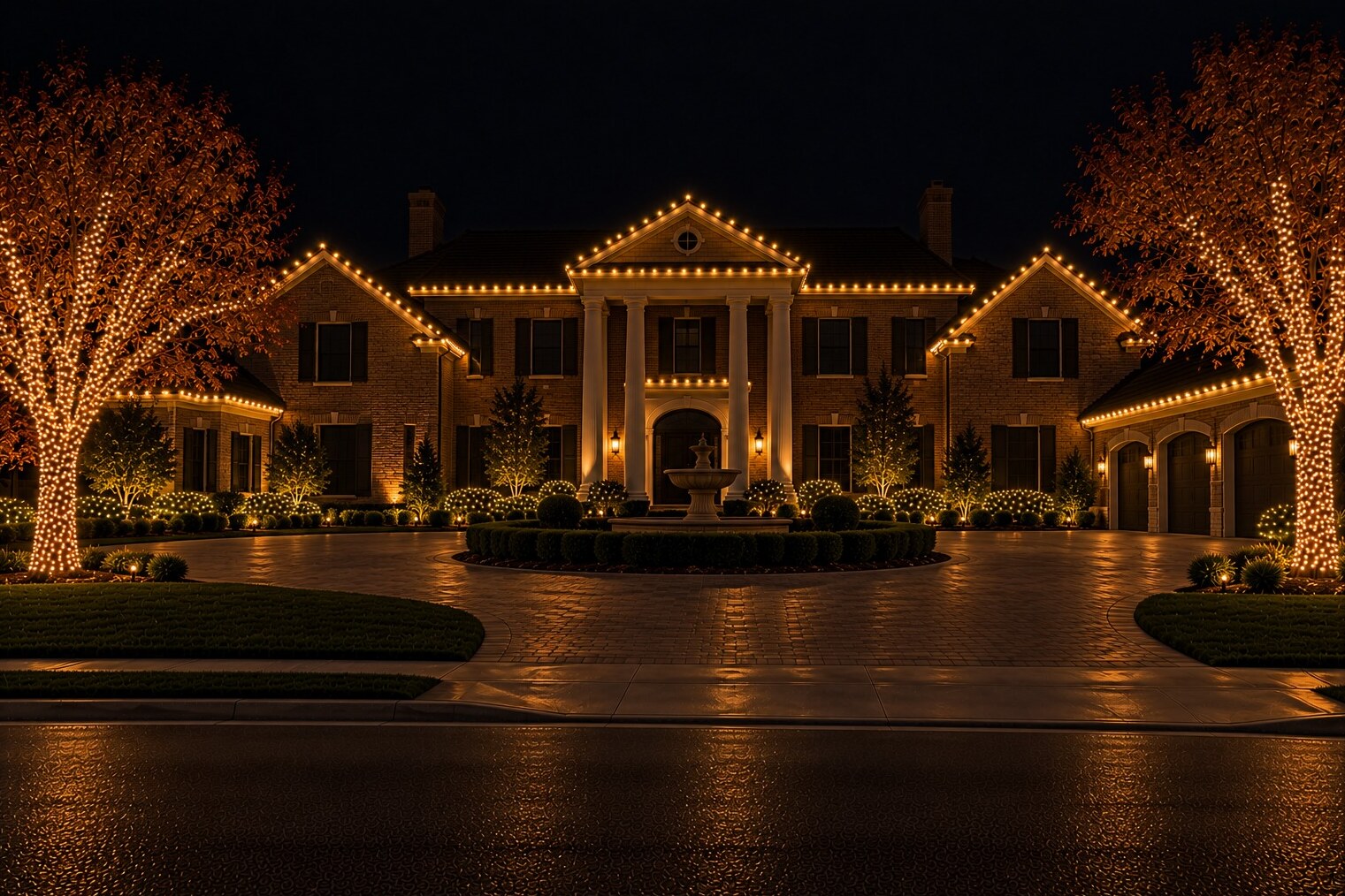 Residential christmas lights in Orangevale, CA: grand brick portico fountain estate c9 warm white
